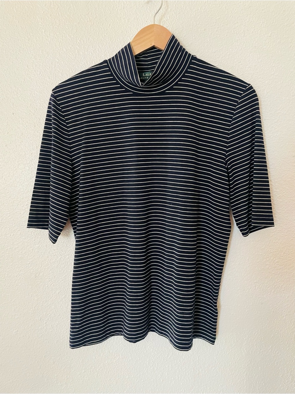 Ralph Lauren Navy & White Striped Mock Neck Tee Size Large